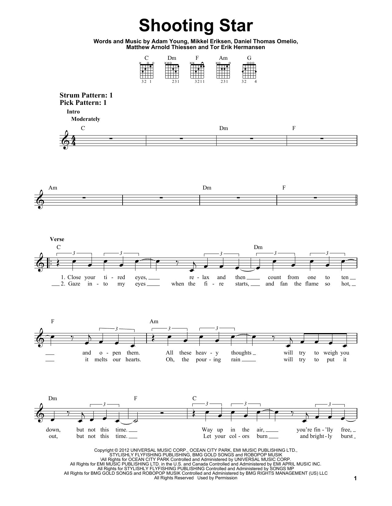 Owl City Shooting Star sheet music notes and chords. Download Printable PDF.