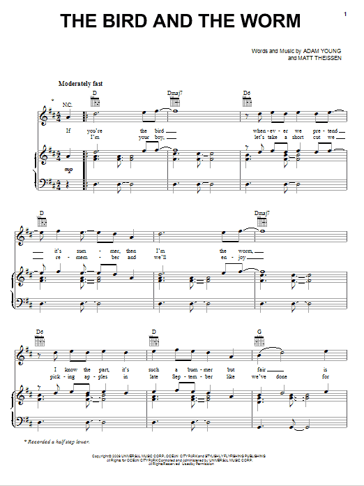 Learn to play Owl City The Bird And The Worm sheet music for Piano, Vocal & Guitar Chords (Right-Hand Melody) in minutes. Price: 7.8900$ Owl City The Bird And The Worm sheet music notes and chords arranged for Piano, Vocal & Guitar Chords (Right-Hand Melody)