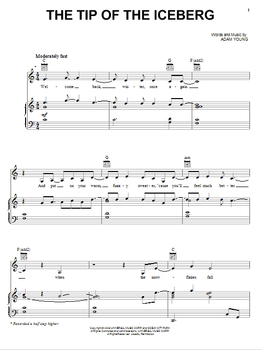 Learn to play Owl City The Tip Of The Iceberg sheet music for Piano, Vocal & Guitar Chords (Right-Hand Melody) in minutes. Price: 7.8900$ Owl City The Tip Of The Iceberg sheet music notes and chords arranged for Piano, Vocal & Guitar Chords (Right-Hand Melody)