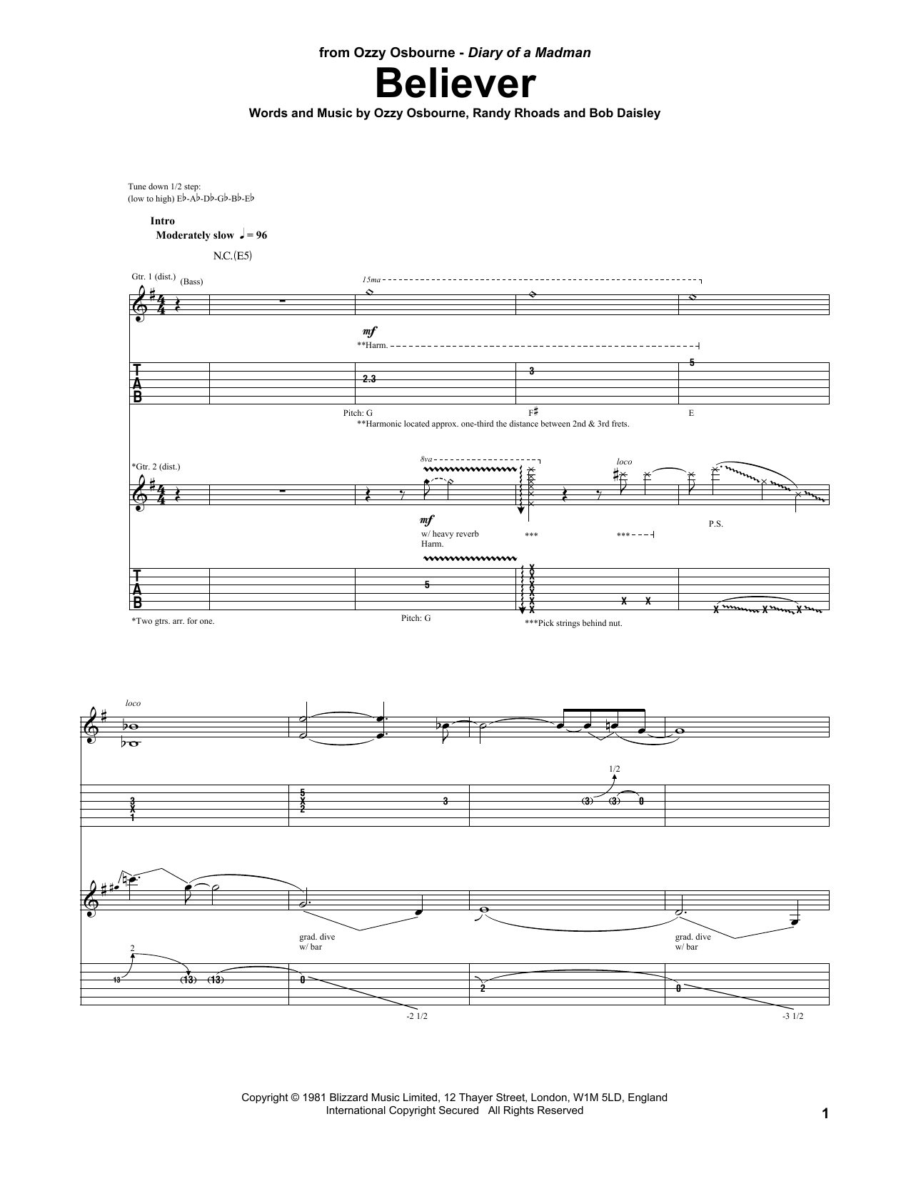 Learn to play Ozzy Osbourne Believer sheet music for Guitar Tab in minutes. Price: 7.8900$ Ozzy Osbourne Believer sheet music notes and chords arranged for Guitar Tab