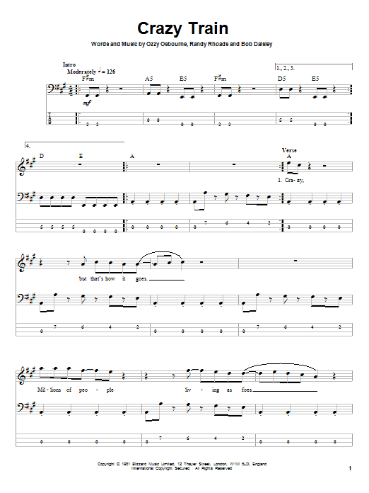Ozzy Osbourne Crazy Train sheet music notes and chords. Download Printable PDF.