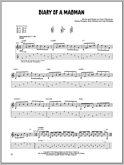 Ozzy Osbourne Diary Of A Madman sheet music notes and chords. Download Printable PDF.