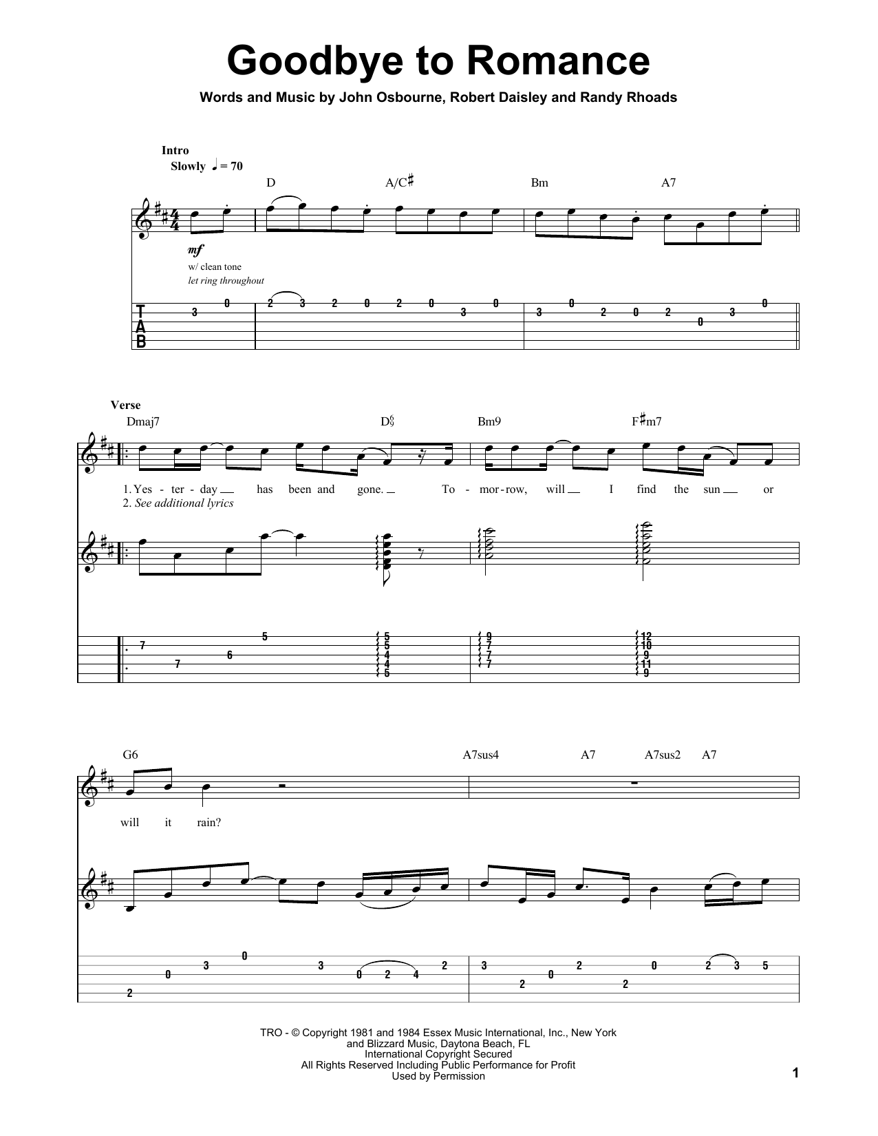 Ozzy Osbourne Goodbye To Romance sheet music notes and chords. Download Printable PDF.