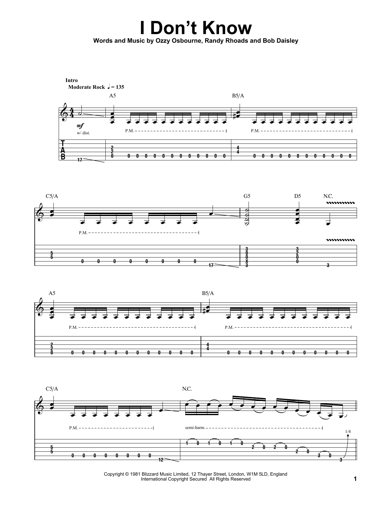 Ozzy Osbourne I Don't Know sheet music notes and chords. Download Printable PDF.