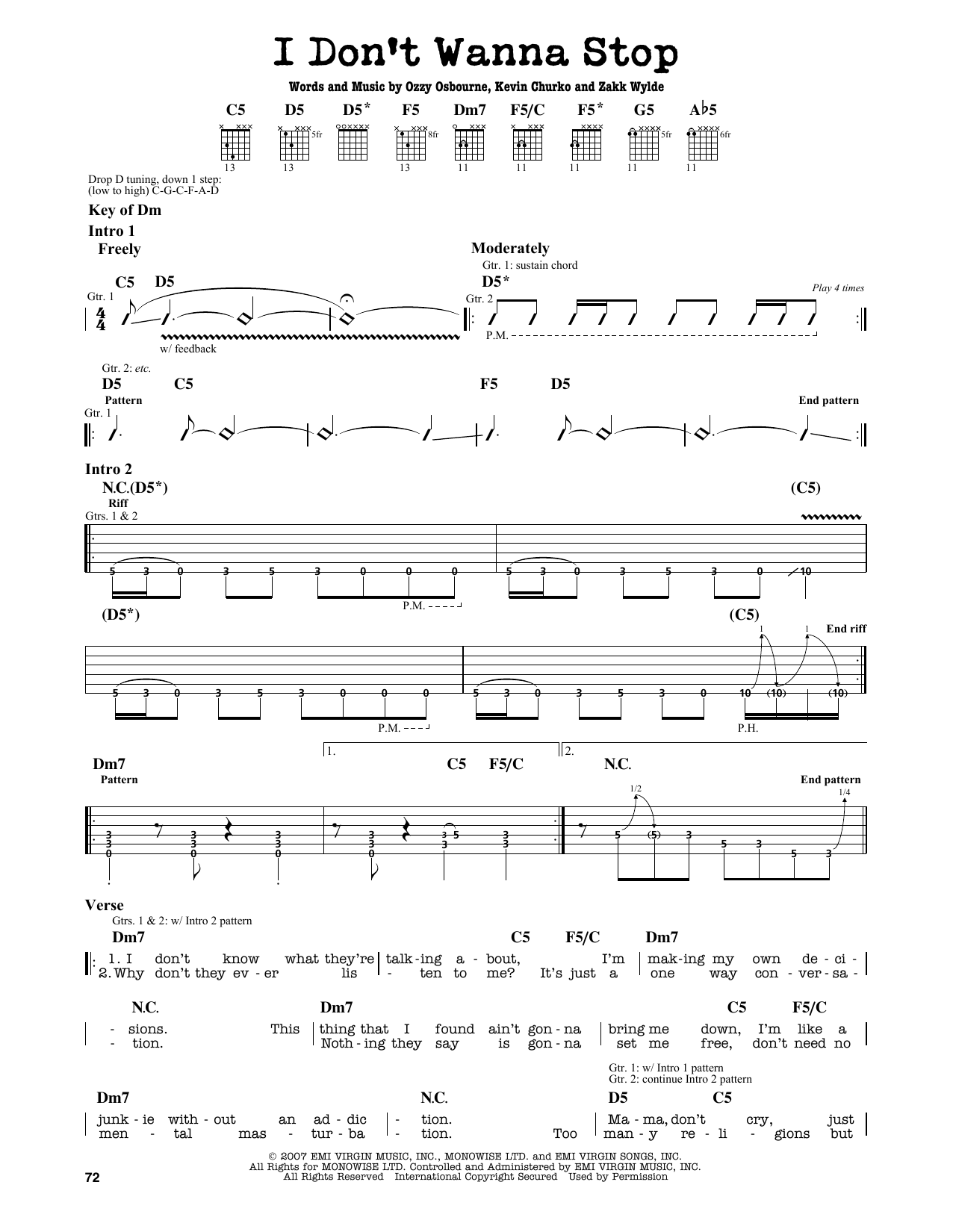 Ozzy Osbourne I Don't Wanna Stop sheet music notes and chords. Download Printable PDF.