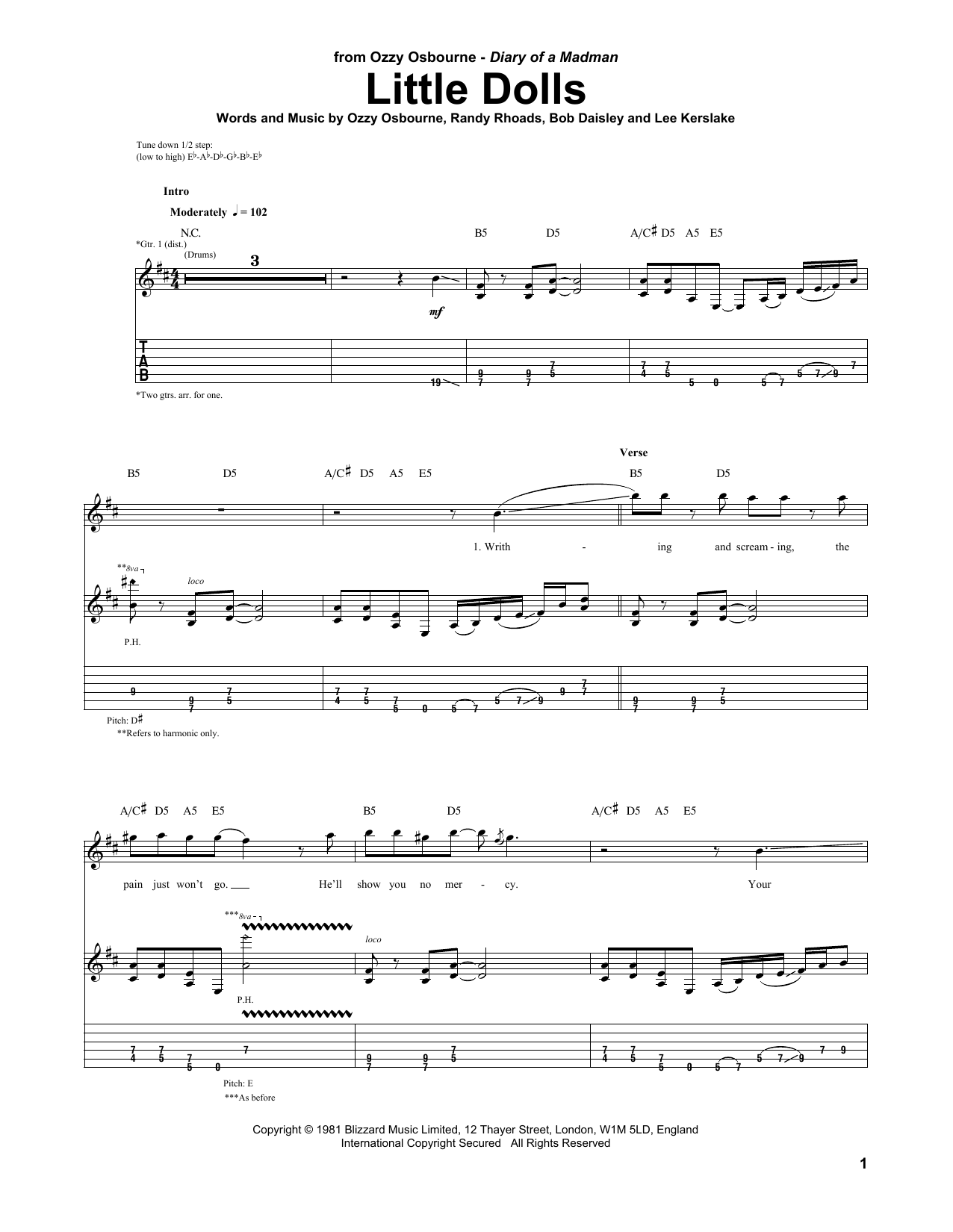 Learn to play Ozzy Osbourne Little Dolls sheet music for Guitar Tab in minutes. Price: 7.8900$ Ozzy Osbourne Little Dolls sheet music notes and chords arranged for Guitar Tab