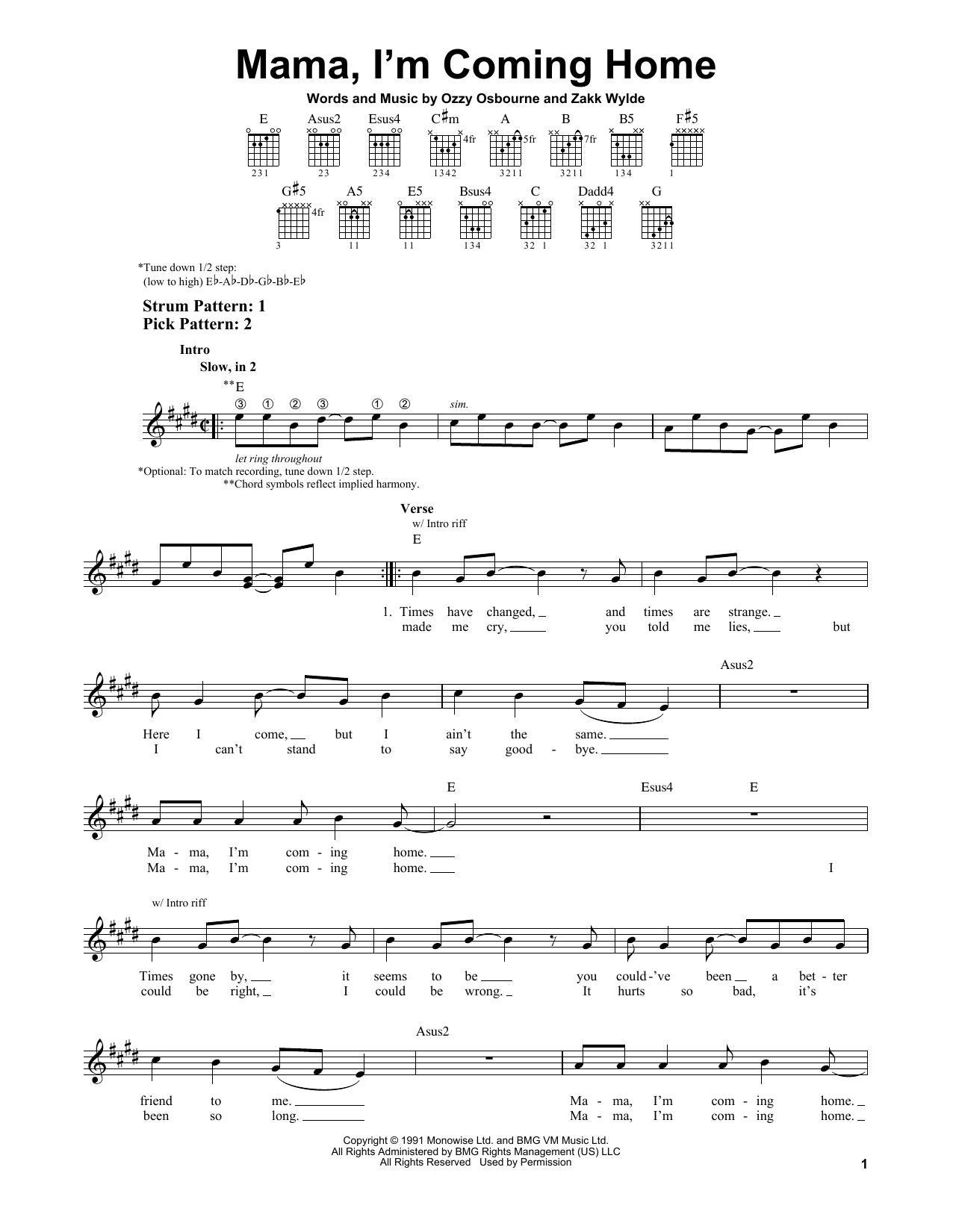 Ozzy Osbourne Mama, I'm Coming Home sheet music notes and chords. Download Printable PDF.