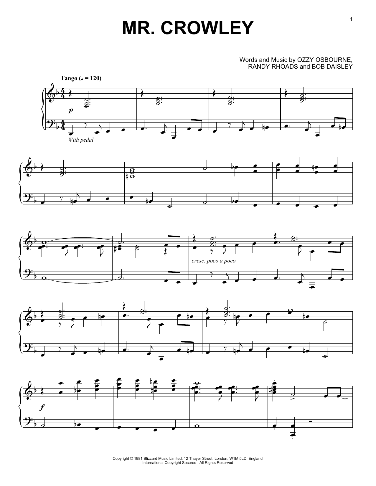 Ozzy Osbourne Mr. Crowley [Jazz version] sheet music notes and chords. Download Printable PDF.