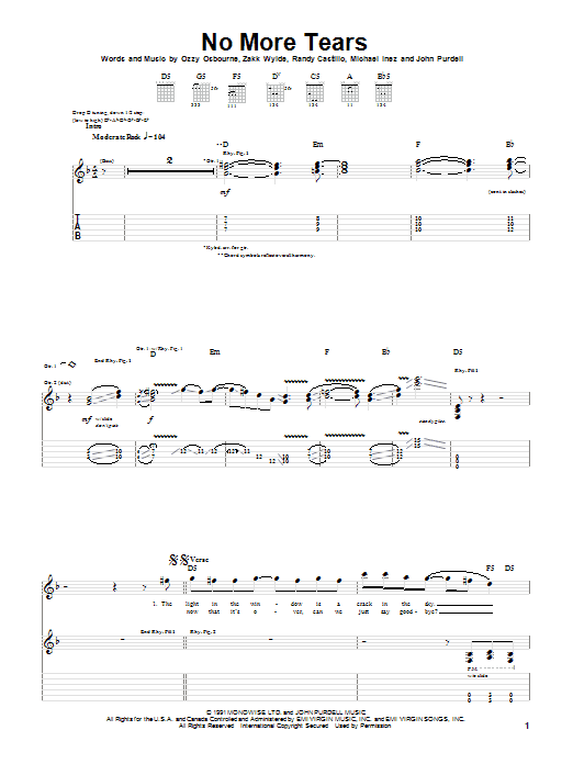 Ozzy Osbourne No More Tears sheet music notes and chords. Download Printable PDF.