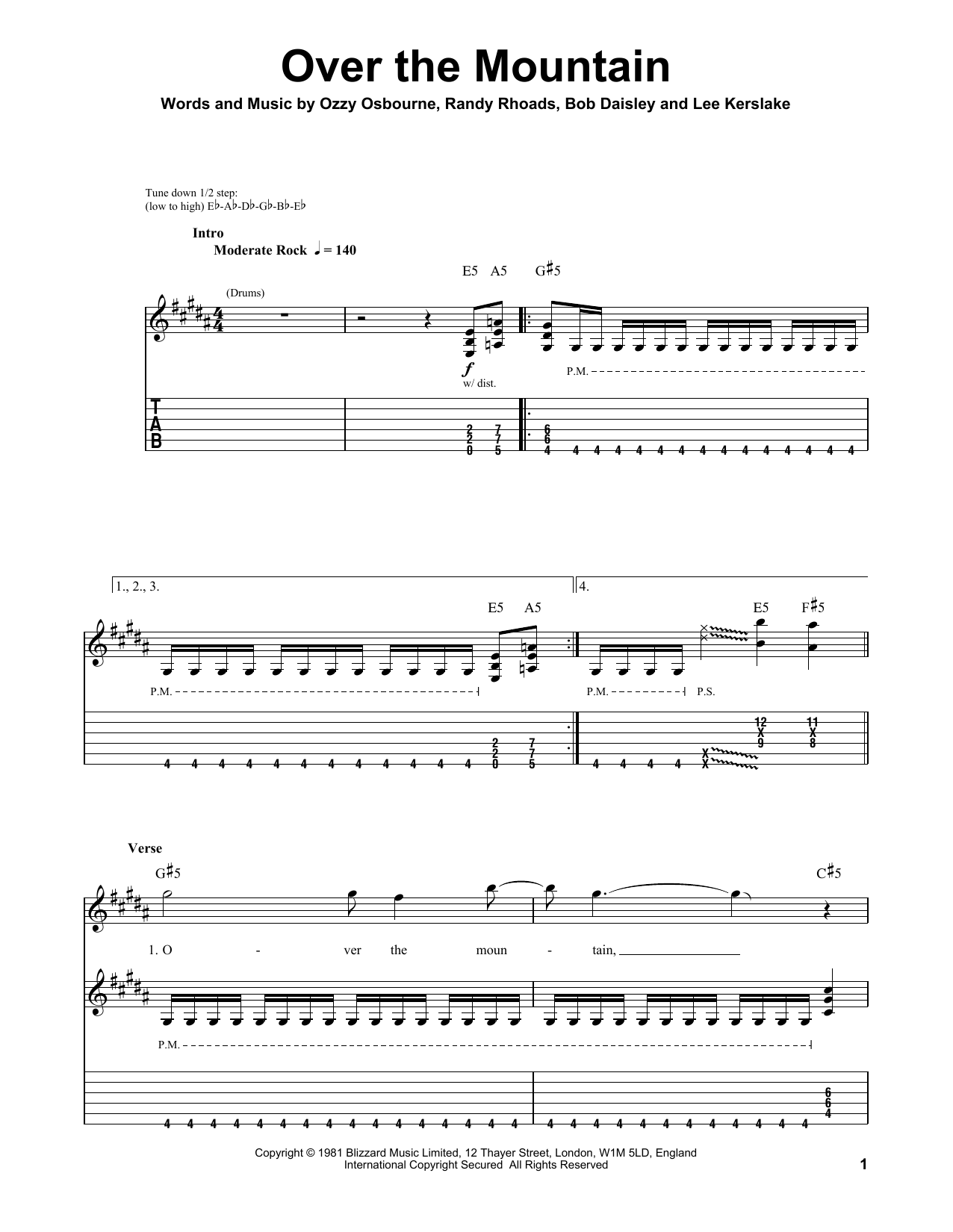 Ozzy Osbourne Over The Mountain sheet music notes and chords. Download Printable PDF.