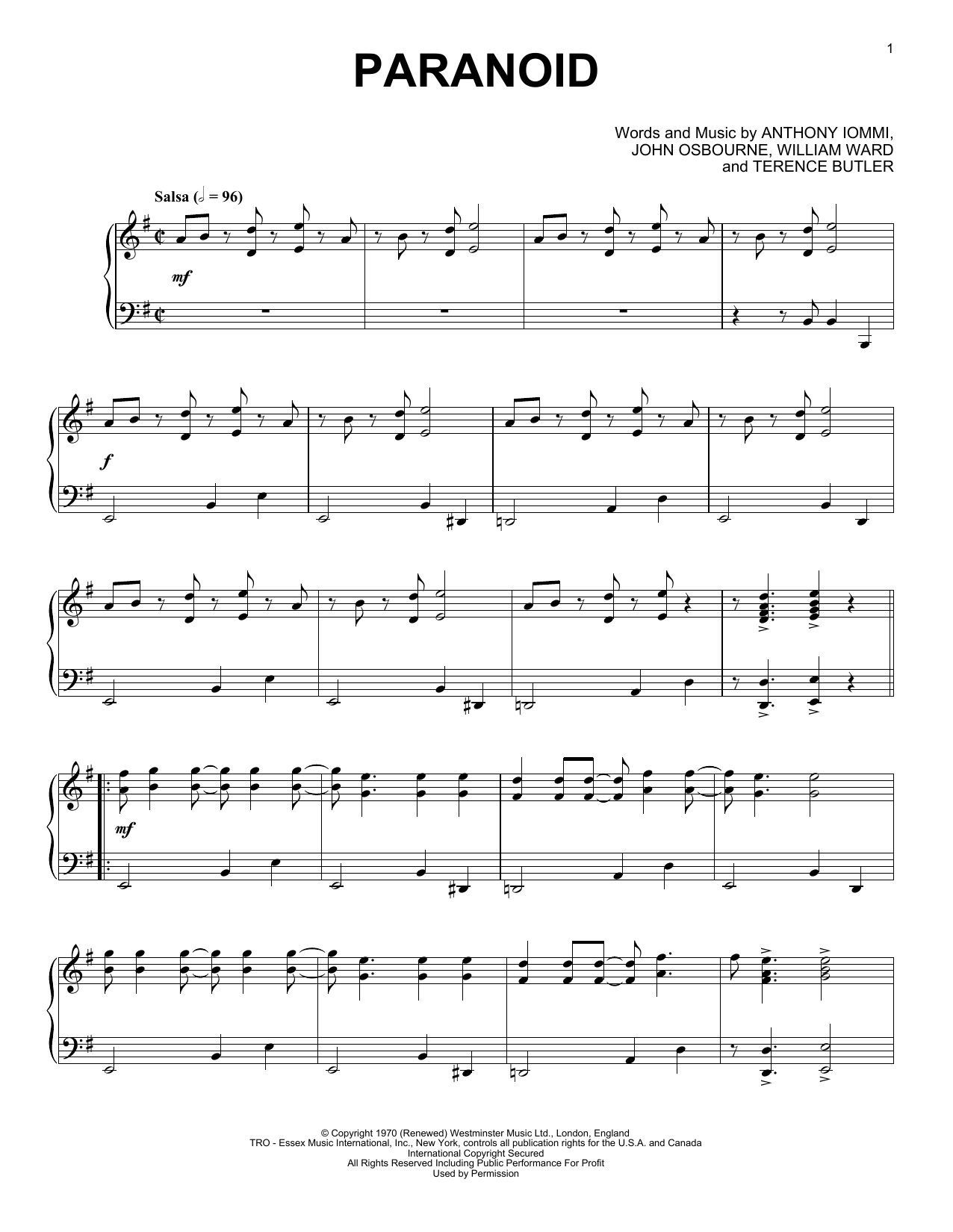 Ozzy Osbourne Paranoid [Jazz version] sheet music notes and chords arranged for Piano Solo