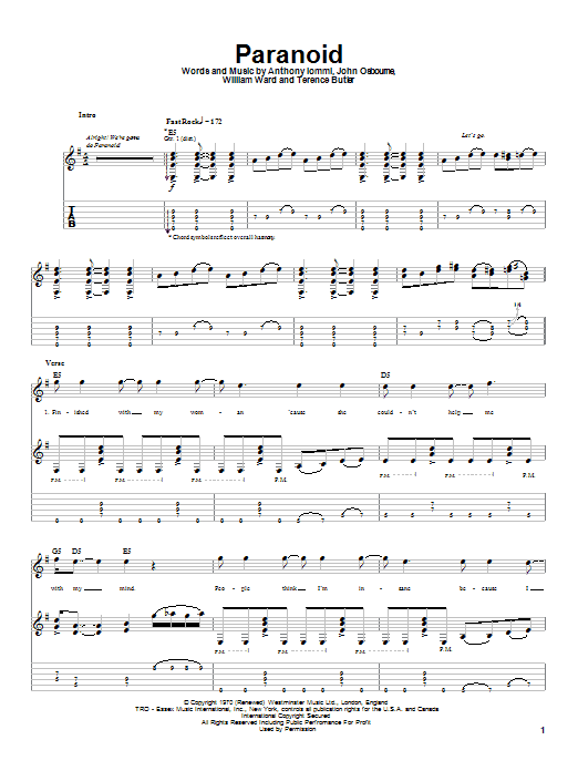 Ozzy Osbourne Paranoid sheet music notes and chords. Download Printable PDF.