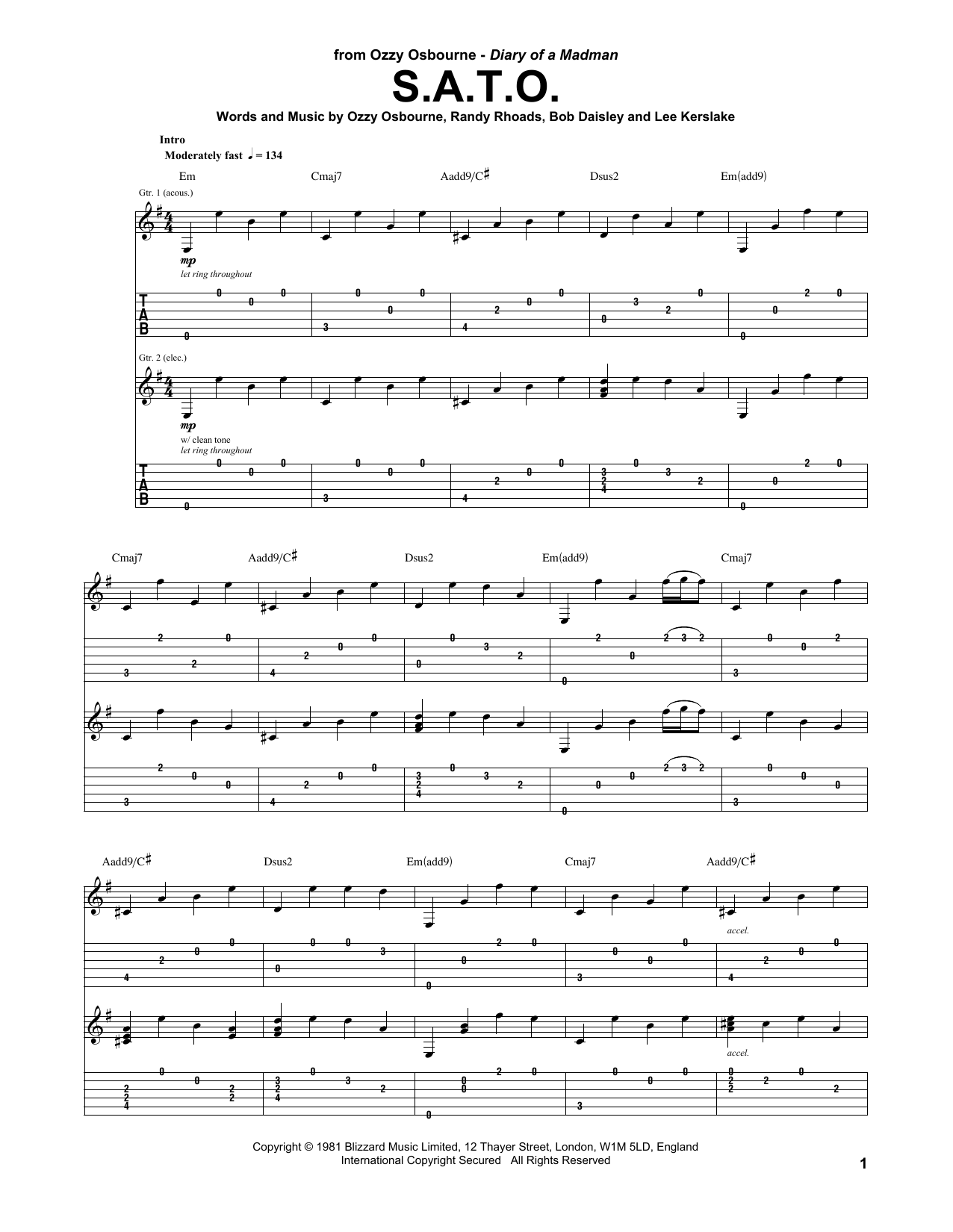 Learn to play Ozzy Osbourne S.A.T.O. sheet music for Guitar Tab in minutes. Price: 7.8900$ Ozzy Osbourne S.A.T.O. sheet music notes and chords arranged for Guitar Tab