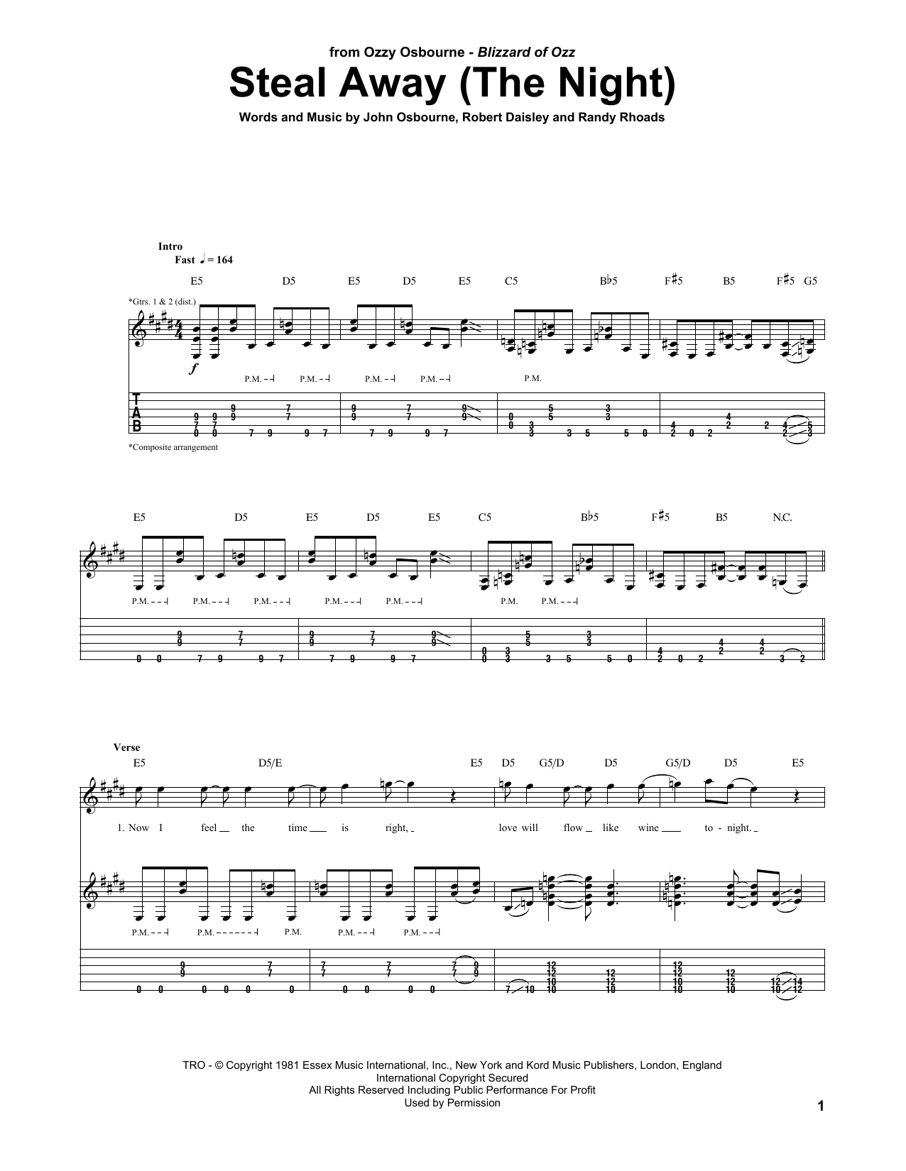 Ozzy Osbourne Steal Away (The Night) sheet music notes and chords. Download Printable PDF.