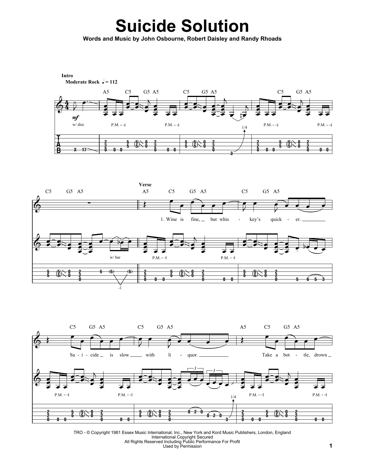 Ozzy Osbourne Suicide Solution sheet music notes and chords. Download Printable PDF.