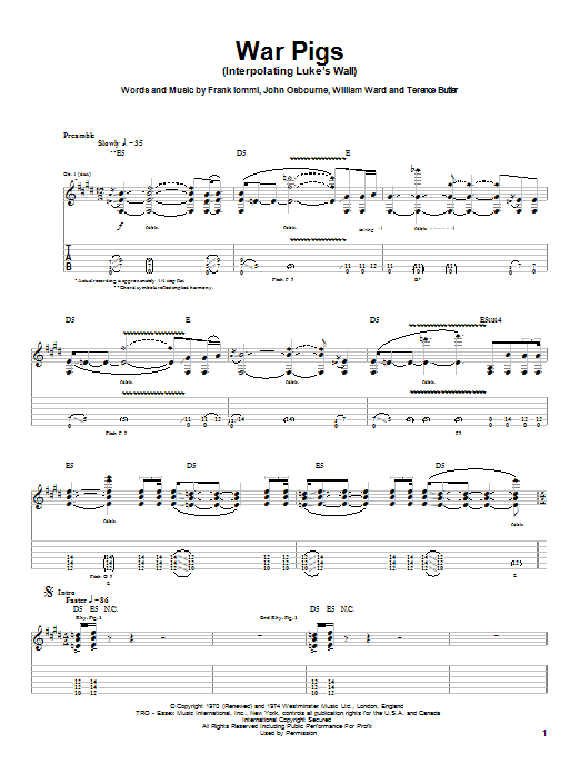 Learn to play Ozzy Osbourne War Pigs (Interpolating Luke's Wall) sheet music for Guitar Tab in minutes. Price: 7.8900$ Ozzy Osbourne War Pigs (Interpolating Luke's Wall) sheet music notes and chords arranged for Guitar Tab