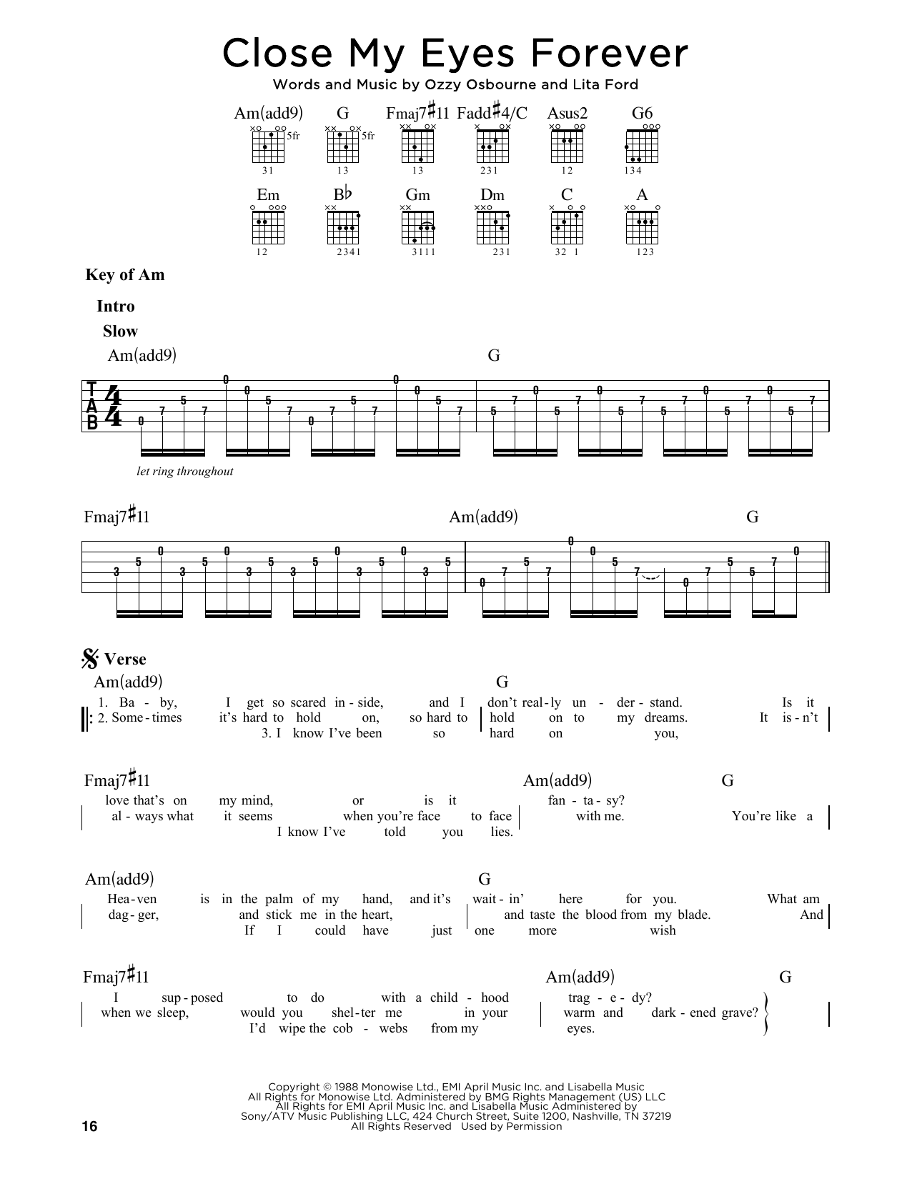 Ozzy Osbourne with Lita Ford Close My Eyes Forever sheet music notes and chords. Download Printable PDF.