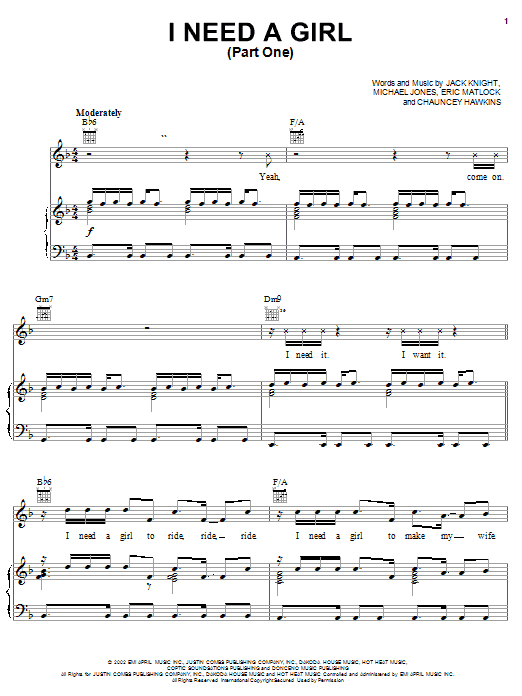 Learn to play P. Diddy I Need A Girl (Part One) (feat. Usher & Loon) sheet music for Piano, Vocal & Guitar Chords (Right-Hand Melody) in minutes. Price: 7.8900$ P. Diddy I Need A Girl (Part One) (feat. Usher & Loon) sheet music notes and chords arranged for Piano, Vocal & Guitar Chords (Right-Hand Melody)