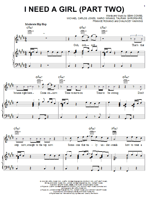 Learn to play P. Diddy & Ginuwine I Need A Girl (Part Two) (feat. Loon, Mario Winans & Tammy Ruggieri) sheet music for Piano, Vocal & Guitar Chords (Right-Hand Melody) in minutes. Price: 7.8900$ P. Diddy & Ginuwine I Need A Girl (Part Two) (feat. Loon, Mario Winans & Tammy Ruggieri) sheet music notes and chords arranged for Piano, Vocal & Guitar Chords (Right-Hand Melody)