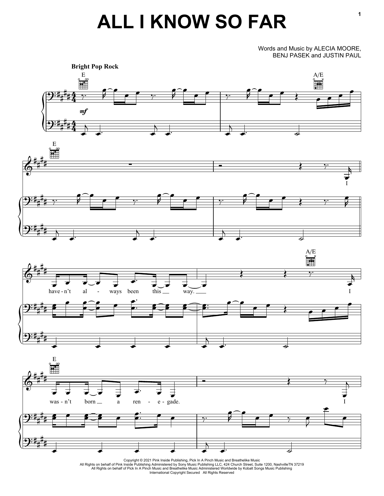 P!nk All I Know So Far sheet music notes and chords. Download Printable PDF.