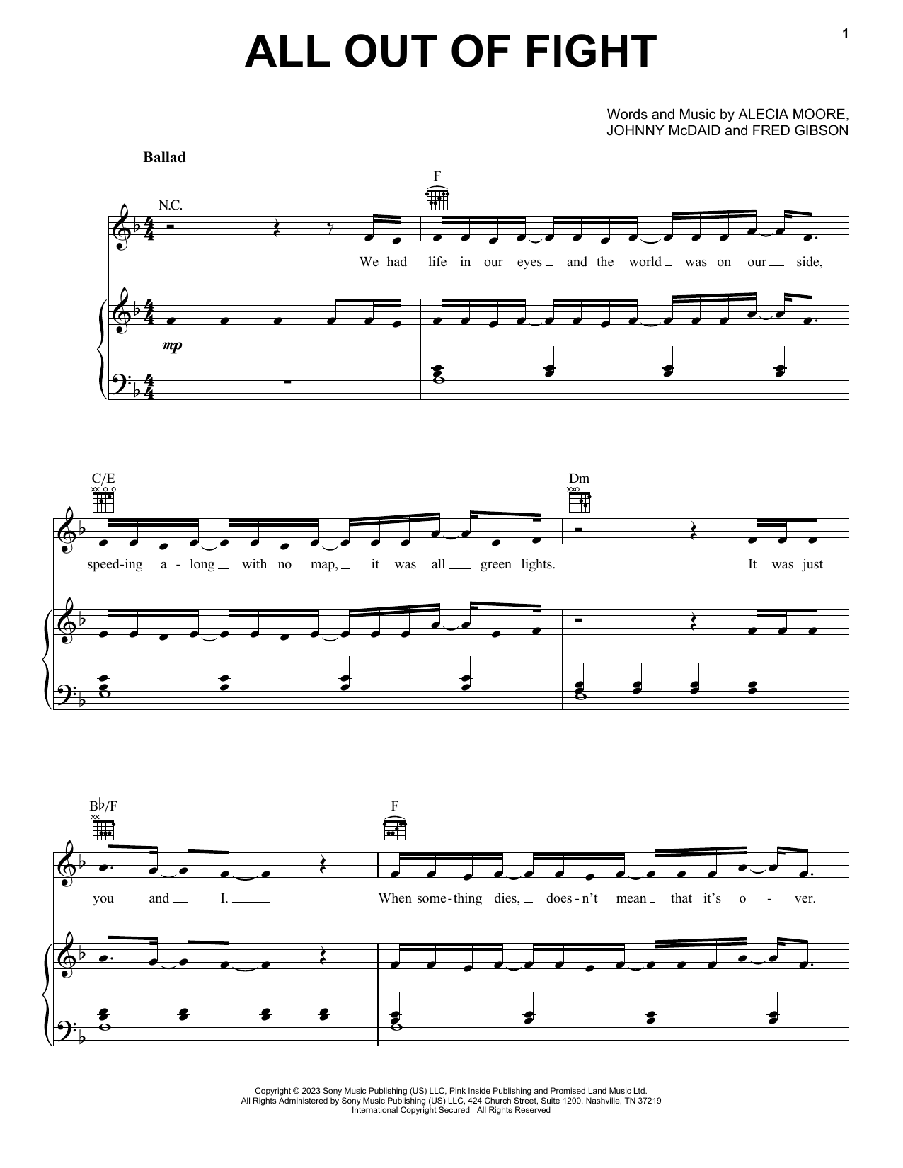 P!nk All Out Of Fight sheet music notes and chords. Download Printable PDF.