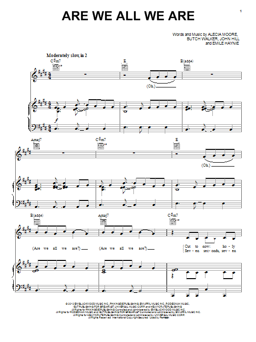 Learn to play Pink Are We All We Are sheet music for Piano, Vocal & Guitar Chords (Right-Hand Melody) in minutes. Price: 7.8900$ Pink Are We All We Are sheet music notes and chords arranged for Piano, Vocal & Guitar Chords (Right-Hand Melody)