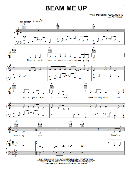 Learn to play Pink Beam Me Up sheet music for Piano, Vocal & Guitar Chords (Right-Hand Melody) in minutes. Price: 7.8900$ Pink Beam Me Up sheet music notes and chords arranged for Piano, Vocal & Guitar Chords (Right-Hand Melody)