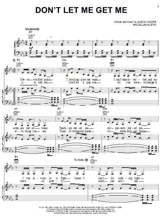 Learn to play Pink Don't Let Me Get Me sheet music for Piano, Vocal & Guitar Chords (Right-Hand Melody) in minutes. Price: 7.8900$ Pink Don't Let Me Get Me sheet music notes and chords arranged for Piano, Vocal & Guitar Chords (Right-Hand Melody)