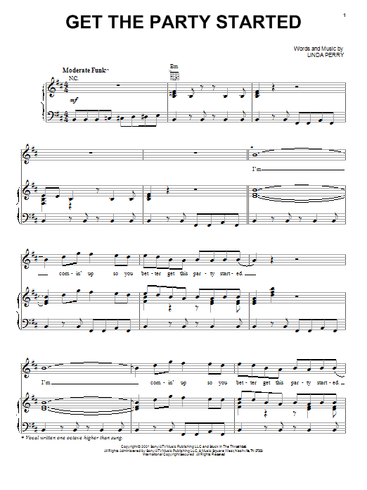 Learn to play Pink Get The Party Started sheet music for Piano, Vocal & Guitar Chords (Right-Hand Melody) in minutes. Price: 7.8900$ Pink Get The Party Started sheet music notes and chords arranged for Piano, Vocal & Guitar Chords (Right-Hand Melody)