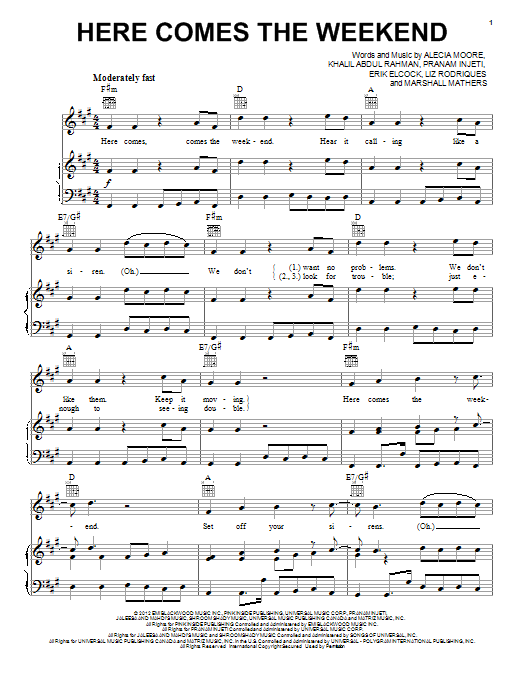 Learn to play Pink Here Comes The Weekend sheet music for Piano, Vocal & Guitar Chords (Right-Hand Melody) in minutes. Price: 7.8900$ Pink Here Comes The Weekend sheet music notes and chords arranged for Piano, Vocal & Guitar Chords (Right-Hand Melody)