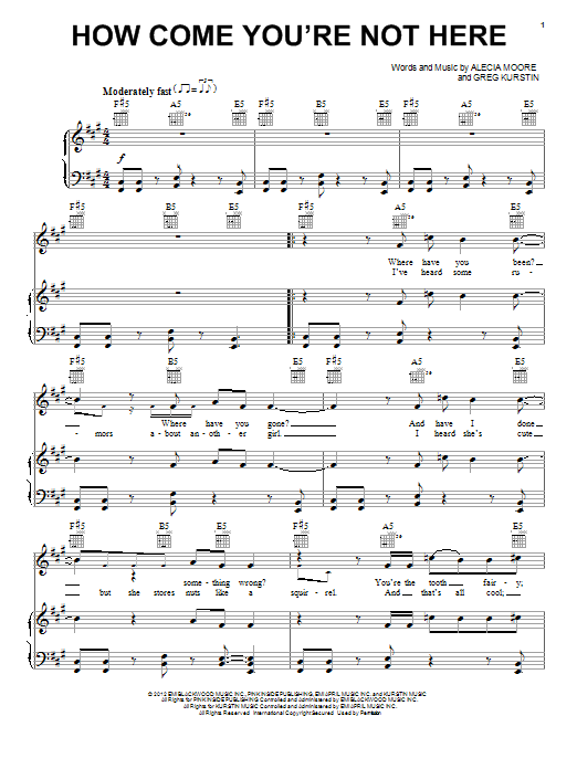 Learn to play Pink How Come You're Not Here sheet music for Piano, Vocal & Guitar Chords (Right-Hand Melody) in minutes. Price: 7.8900$ Pink How Come You're Not Here sheet music notes and chords arranged for Piano, Vocal & Guitar Chords (Right-Hand Melody)