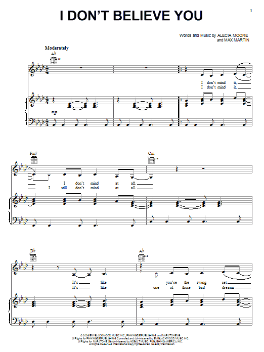 Learn to play Pink I Don't Believe You sheet music for Piano, Vocal & Guitar Chords (Right-Hand Melody) in minutes. Price: 7.8900$ Pink I Don't Believe You sheet music notes and chords arranged for Piano, Vocal & Guitar Chords (Right-Hand Melody)