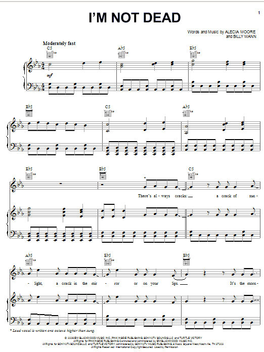 Learn to play Pink I'm Not Dead sheet music for Piano, Vocal & Guitar Chords (Right-Hand Melody) in minutes. Price: 7.8900$ Pink I'm Not Dead sheet music notes and chords arranged for Piano, Vocal & Guitar Chords (Right-Hand Melody)