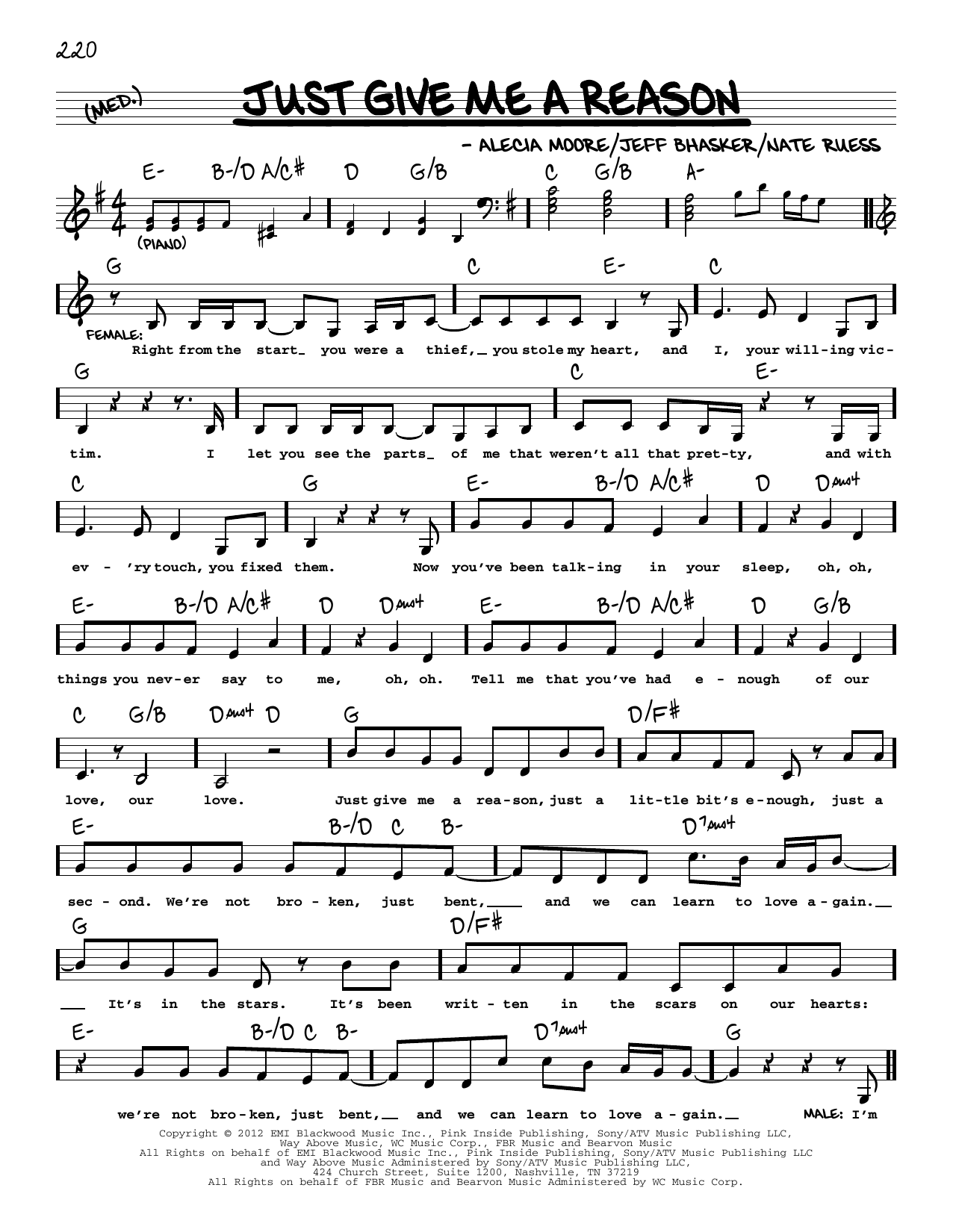 P!nk Just Give Me A Reason (feat. Nate Ruess) sheet music notes and chords. Download Printable PDF.