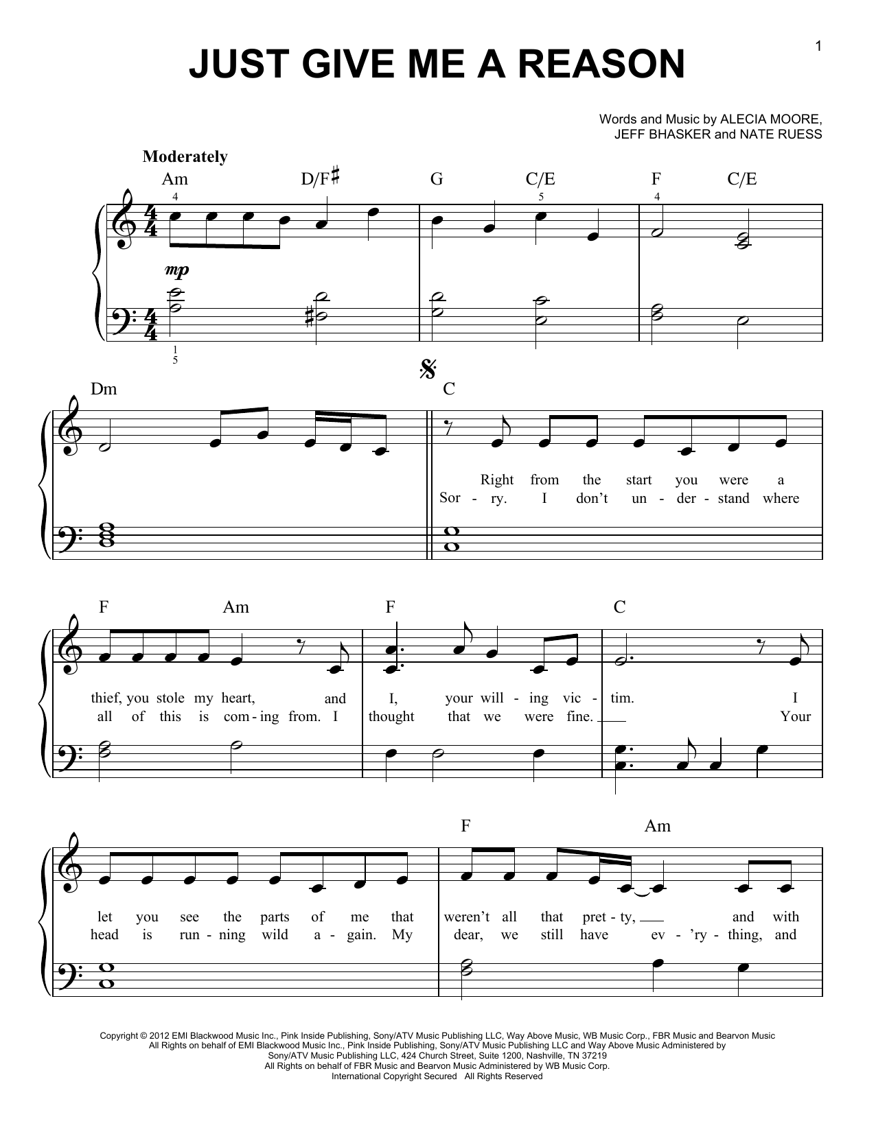 Pink Just Give Me A Reason (feat. Nate Ruess) sheet music notes and chords. Download Printable PDF.