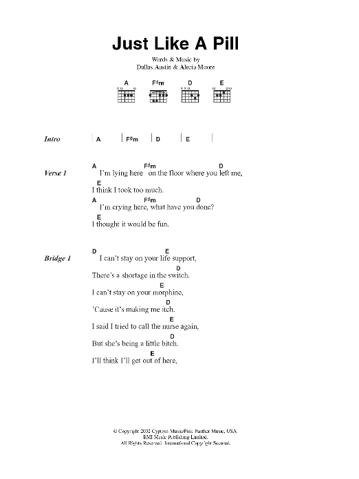 Pink Just Like A Pill sheet music notes and chords. Download Printable PDF.