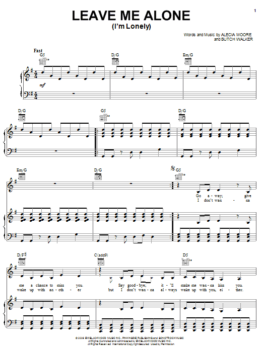 Pink Leave Me Alone (I'm Lonely) sheet music notes and chords arranged for Piano, Vocal & Guitar Chords (Right-Hand Melody)