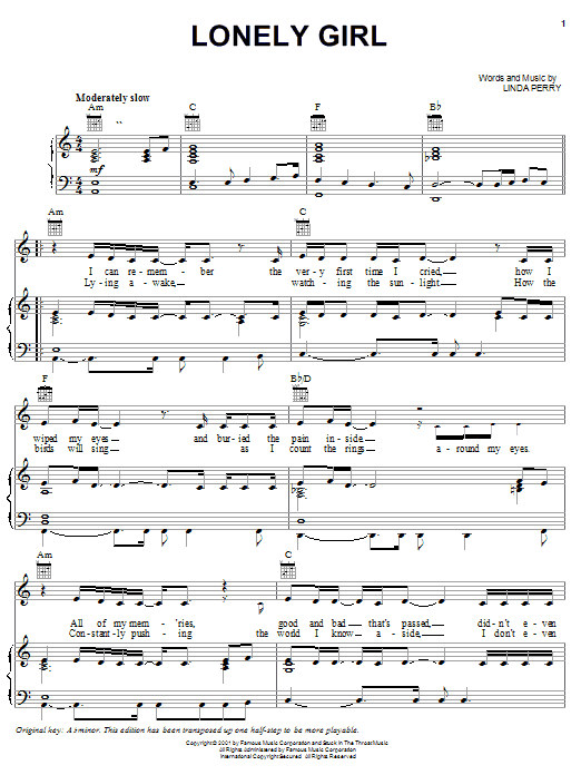 Learn to play Pink Lonely Girl sheet music for Piano, Vocal & Guitar Chords (Right-Hand Melody) in minutes. Price: 7.8900$ Pink Lonely Girl sheet music notes and chords arranged for Piano, Vocal & Guitar Chords (Right-Hand Melody)