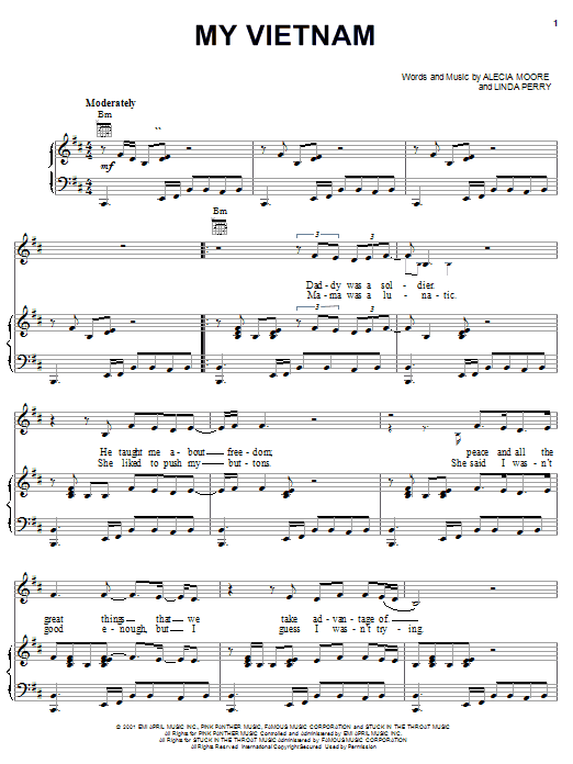 Learn to play Pink My Vietnam sheet music for Piano, Vocal & Guitar Chords (Right-Hand Melody) in minutes. Price: 7.8900$ Pink My Vietnam sheet music notes and chords arranged for Piano, Vocal & Guitar Chords (Right-Hand Melody)