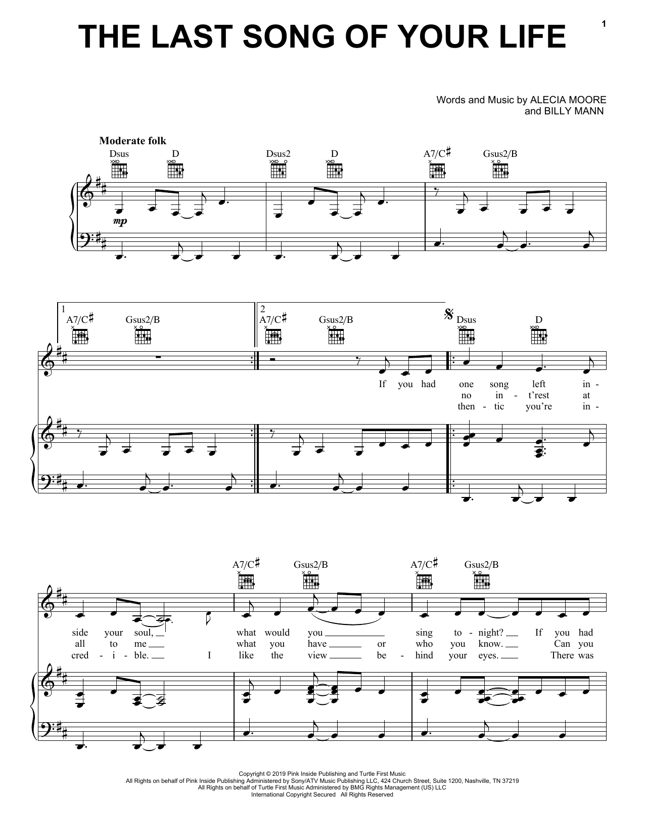 Learn to play Pink The Last Song Of Your Life sheet music for Piano, Vocal & Guitar Chords (Right-Hand Melody) in minutes. Price: 7.8900$ Pink The Last Song Of Your Life sheet music notes and chords arranged for Piano, Vocal & Guitar Chords (Right-Hand Melody)