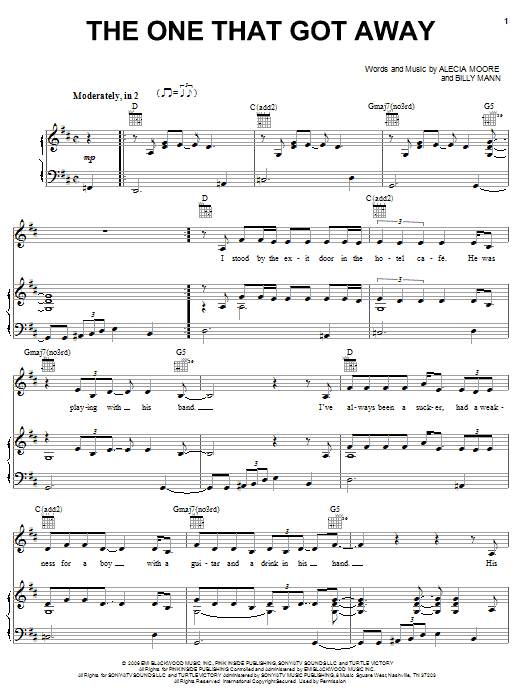 Learn to play Pink The One That Got Away sheet music for Piano, Vocal & Guitar Chords (Right-Hand Melody) in minutes. Price: 7.8900$ Pink The One That Got Away sheet music notes and chords arranged for Piano, Vocal & Guitar Chords (Right-Hand Melody)