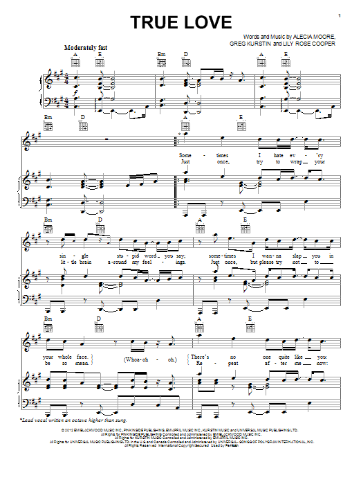 Learn to play Pink True Love (feat. Lily Allen) sheet music for Piano, Vocal & Guitar Chords (Right-Hand Melody) in minutes. Price: 7.8900$ Pink True Love (feat. Lily Allen) sheet music notes and chords arranged for Piano, Vocal & Guitar Chords (Right-Hand Melody)