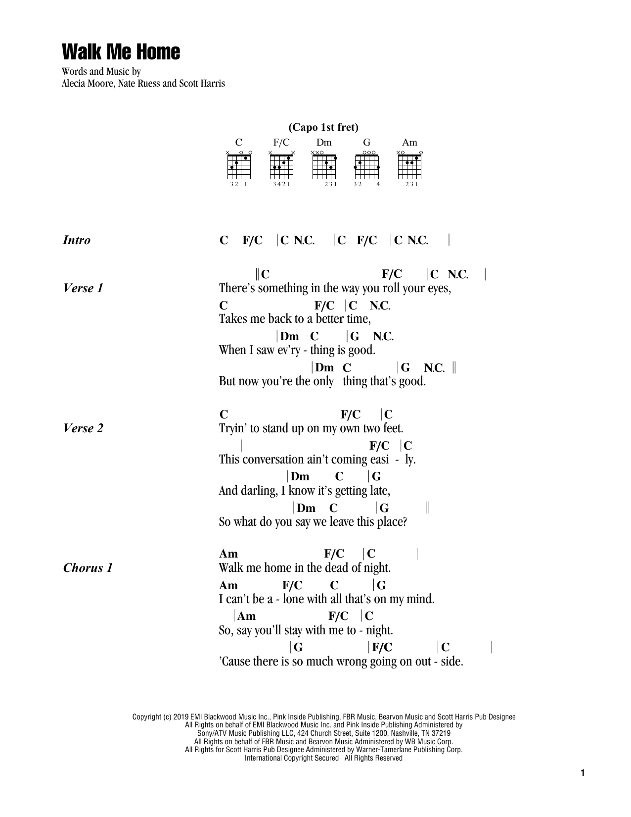 Pink Walk Me Home sheet music notes and chords. Download Printable PDF.