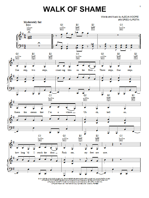 Learn to play Pink Walk Of Shame sheet music for Piano, Vocal & Guitar Chords (Right-Hand Melody) in minutes. Price: 7.8900$ Pink Walk Of Shame sheet music notes and chords arranged for Piano, Vocal & Guitar Chords (Right-Hand Melody)