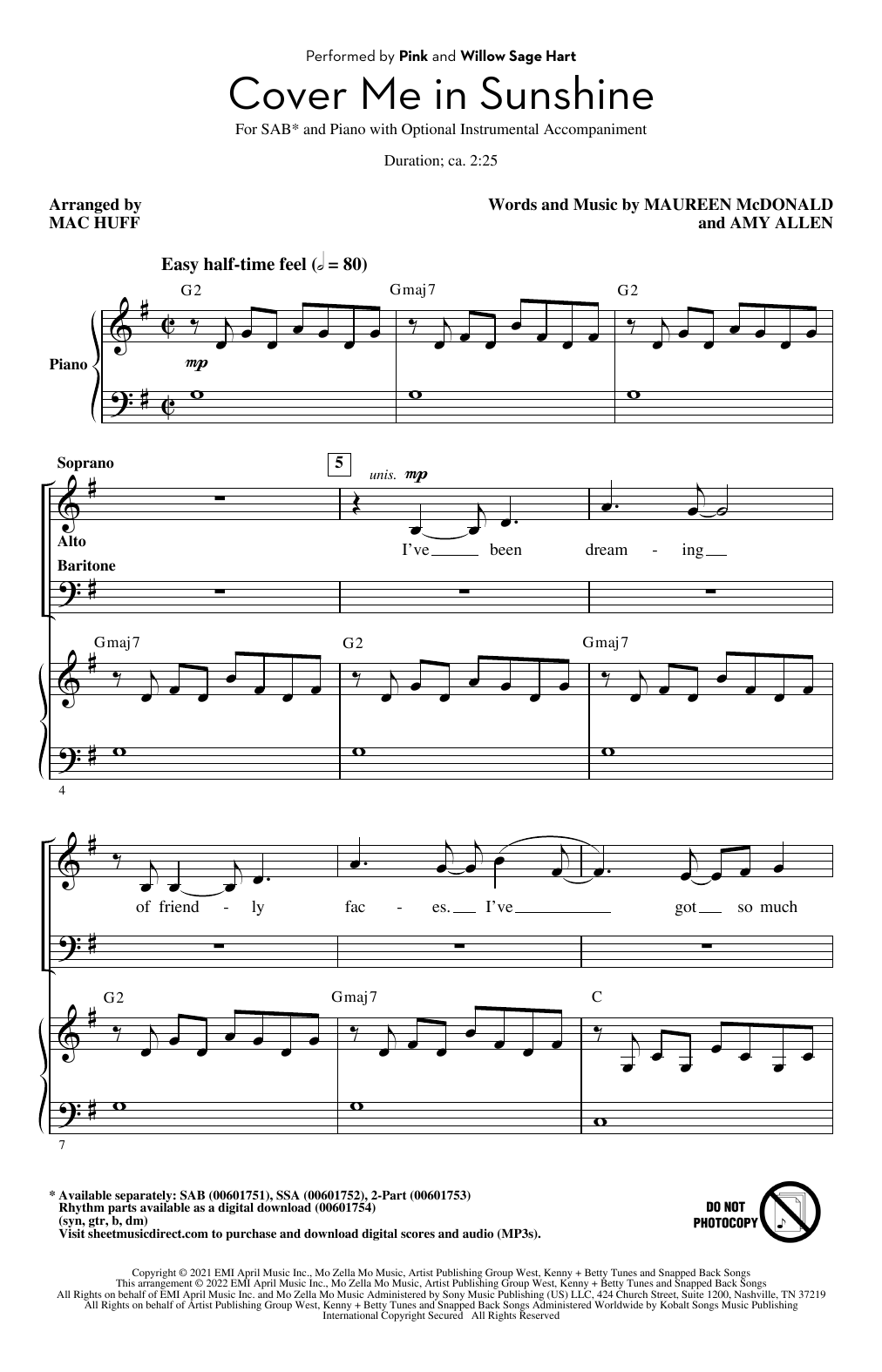 P!nk & Willow Sage Hart Cover Me In Sunshine (arr. Mac Huff) sheet music notes and chords. Download Printable PDF.