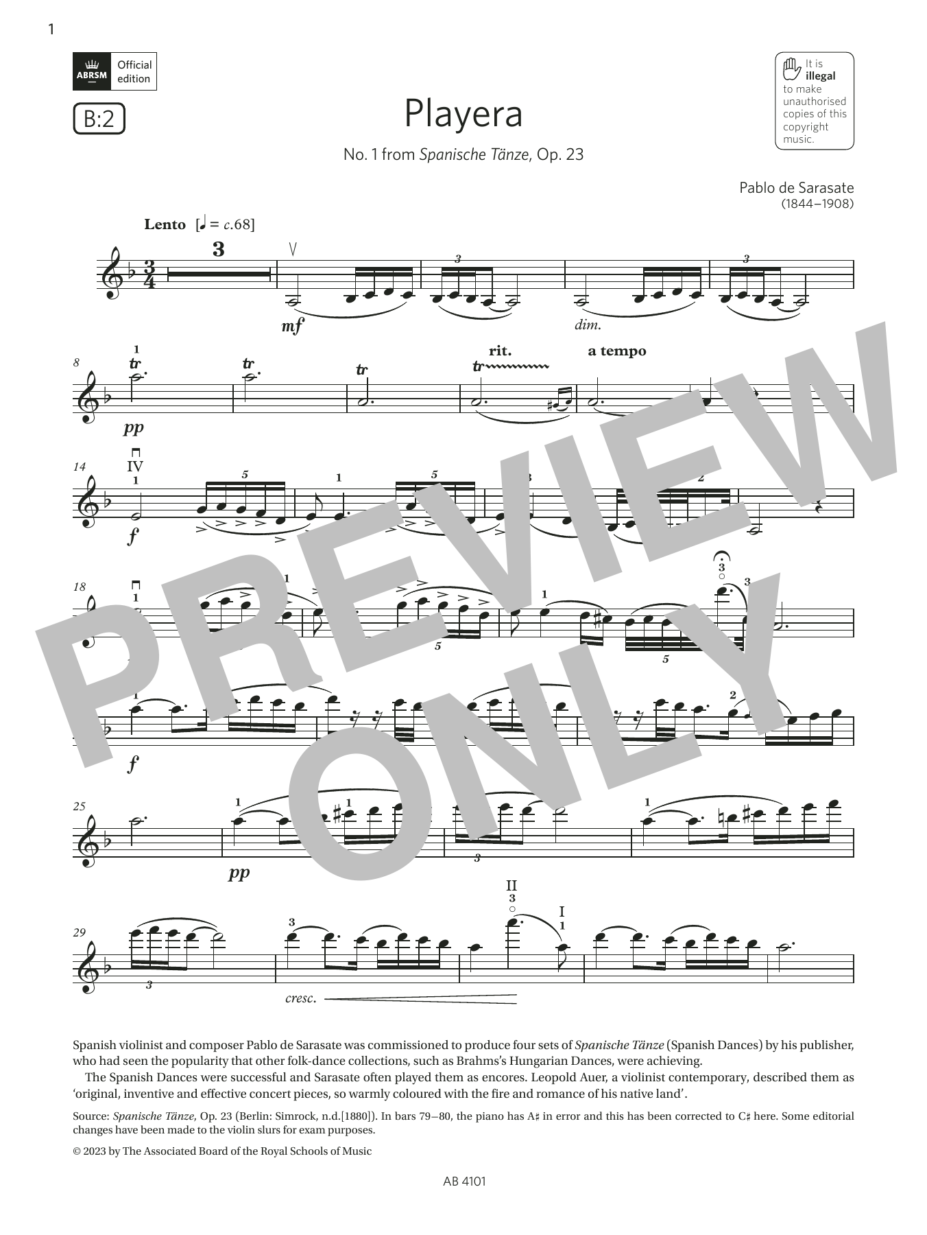 Learn to play Pablo De Sarasate Playera (Grade 7, B2, from the ABRSM Violin Syllabus from 2024) sheet music for Violin Solo in minutes. Price: 6.9900$ Pablo De Sarasate Playera (Grade 7, B2, from the ABRSM Violin Syllabus from 2024) sheet music notes and chords arranged for Violin Solo