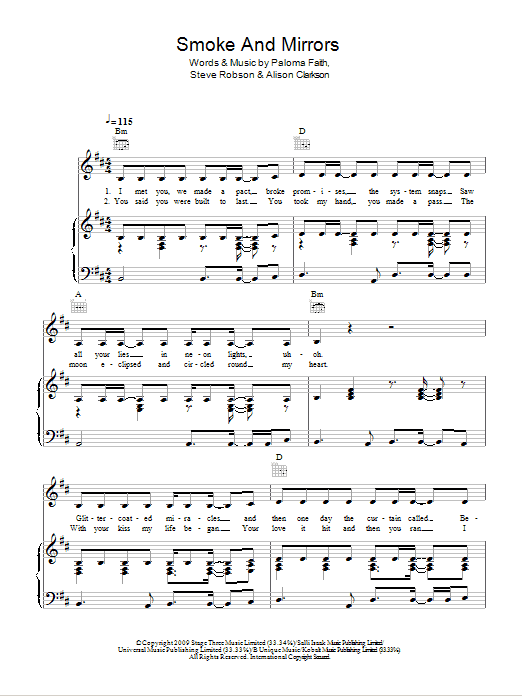 Paloma Faith Smoke & Mirrors sheet music notes and chords arranged for Piano, Vocal & Guitar Chords