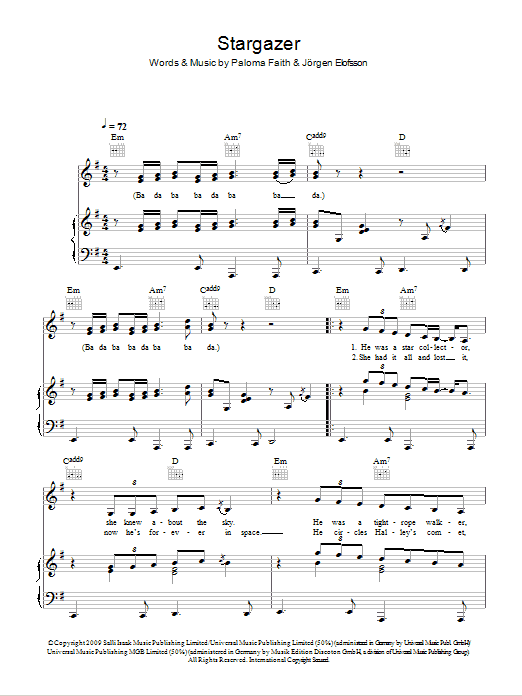 Learn to play Paloma Faith Stargazer sheet music for Piano, Vocal & Guitar Chords in minutes. Price: 7.8900$ Paloma Faith Stargazer sheet music notes and chords arranged for Piano, Vocal & Guitar Chords