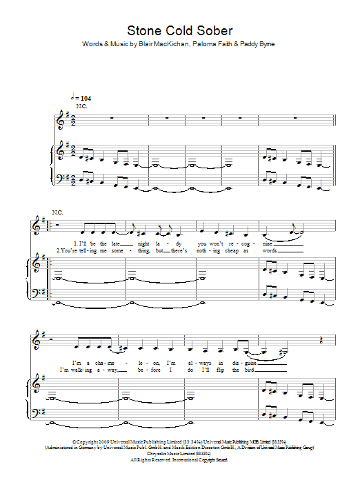 Learn to play Paloma Faith Stone Cold Sober sheet music for Piano, Vocal & Guitar Chords in minutes. Price: 7.8900$ Paloma Faith Stone Cold Sober sheet music notes and chords arranged for Piano, Vocal & Guitar Chords