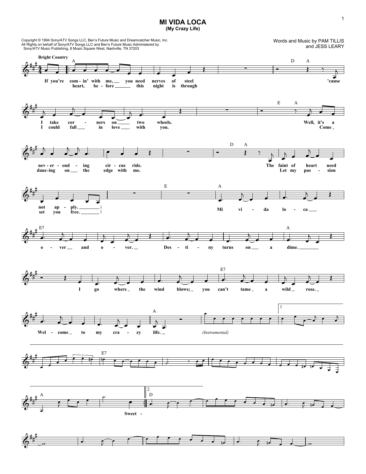 Learn to play Pam Tillis Mi Vida Loca (My Crazy Life) sheet music for Piano, Vocal & Guitar Chords (Right-Hand Melody) in minutes. Price: 7.8900$ Pam Tillis Mi Vida Loca (My Crazy Life) sheet music notes and chords arranged for Piano, Vocal & Guitar Chords (Right-Hand Melody)